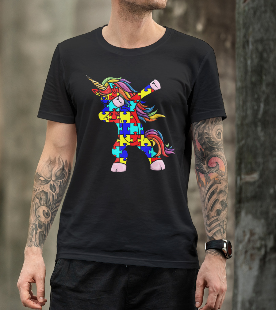 Autism Awareness Unicorn Dabbing Puzzle Pattern Rainbow Mane T-Shirt