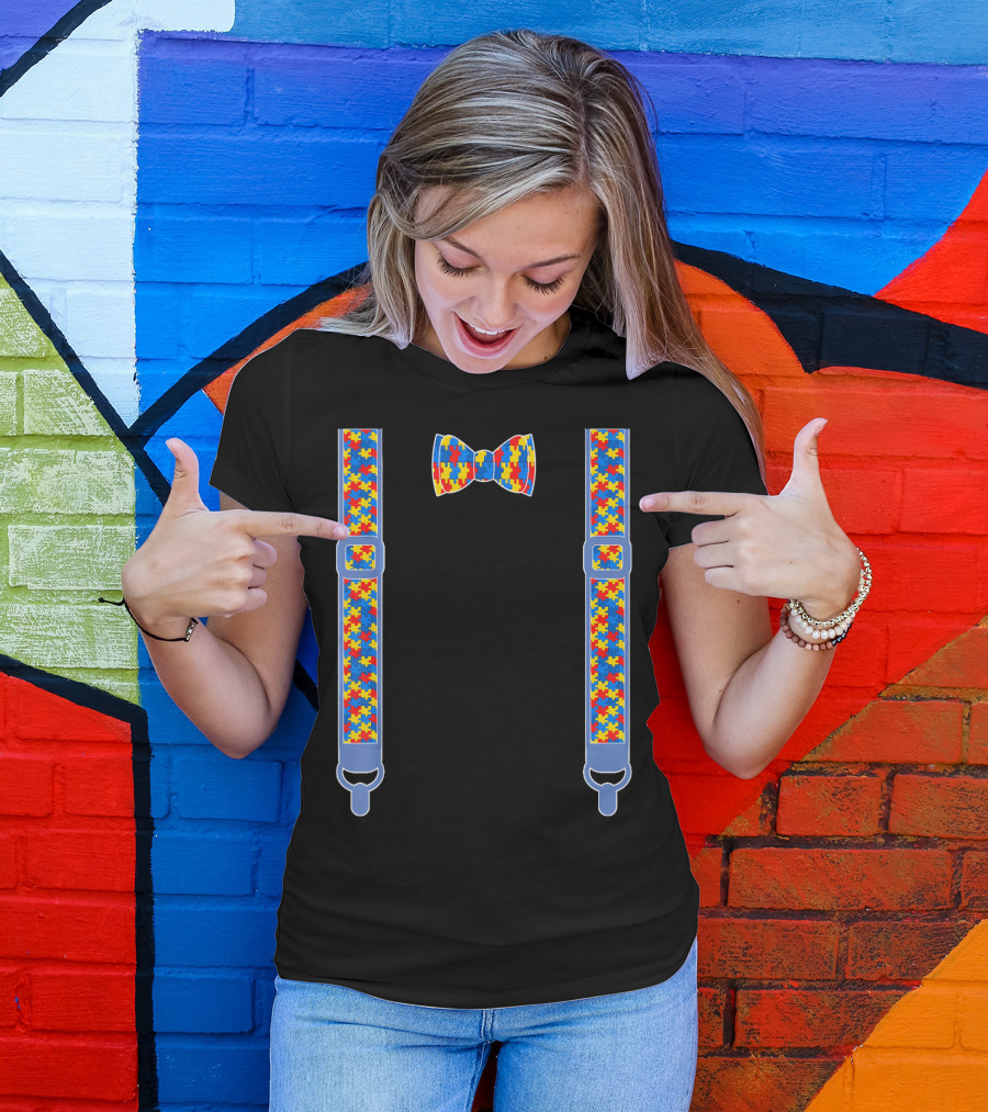 Autism Awareness Puzzle Pattern Bow Tie And Suspenders T-Shirt