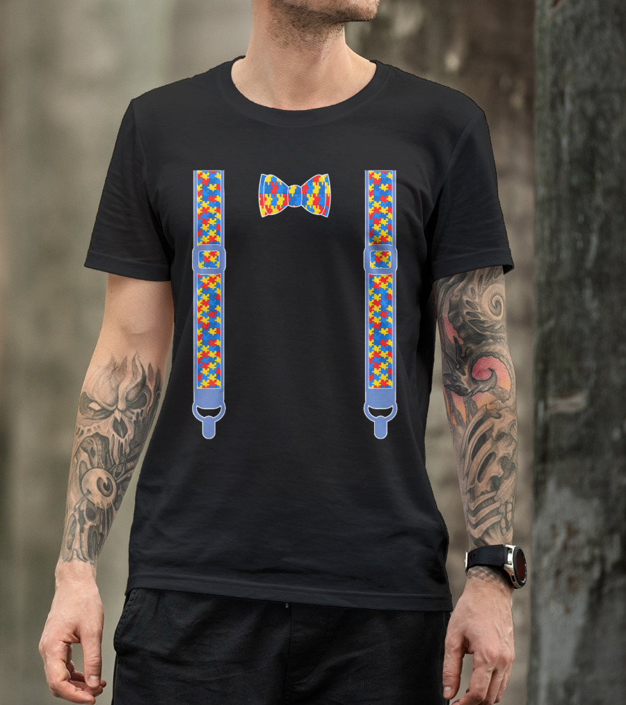 Autism Awareness Puzzle Pattern Bow Tie And Suspenders T-Shirt