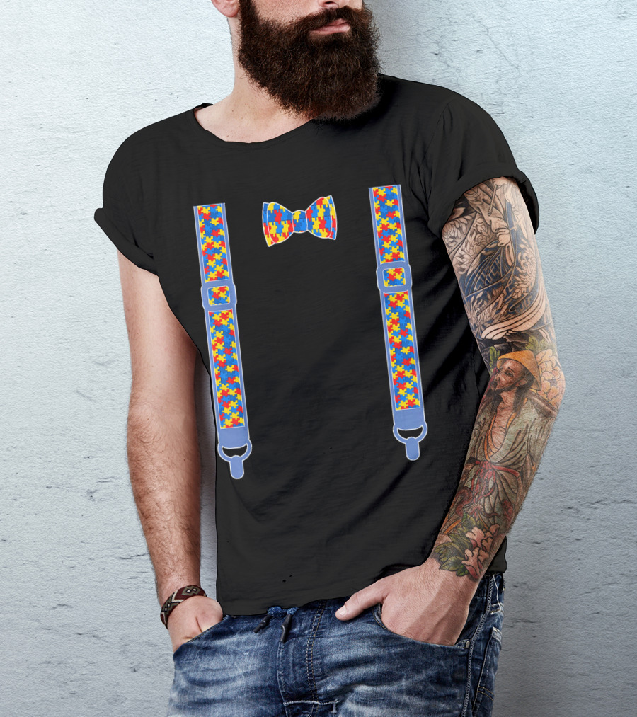 Autism Awareness Puzzle Pattern Bow Tie And Suspenders T-Shirt