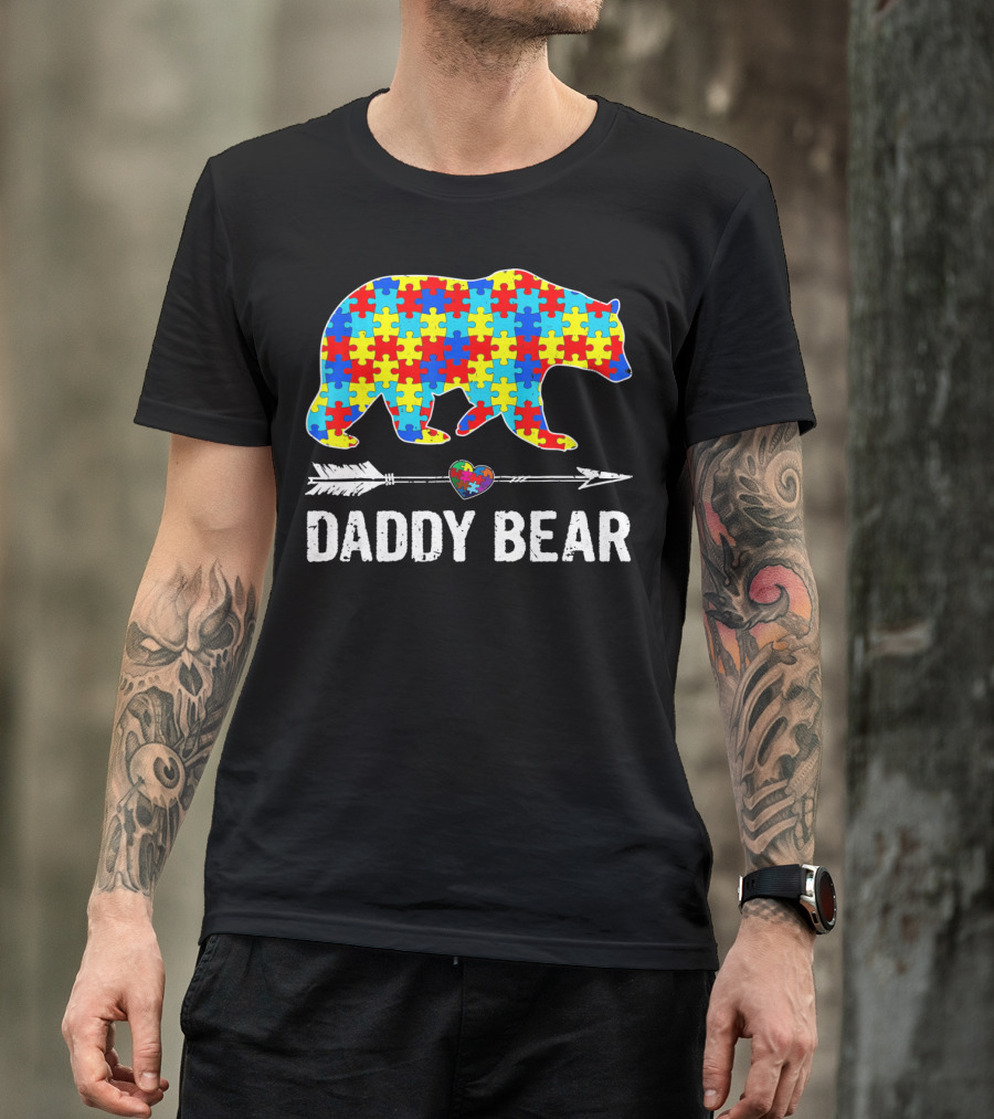 Daddy Bear Heart Arrow Puzzle Autism Awareness T-Shirt