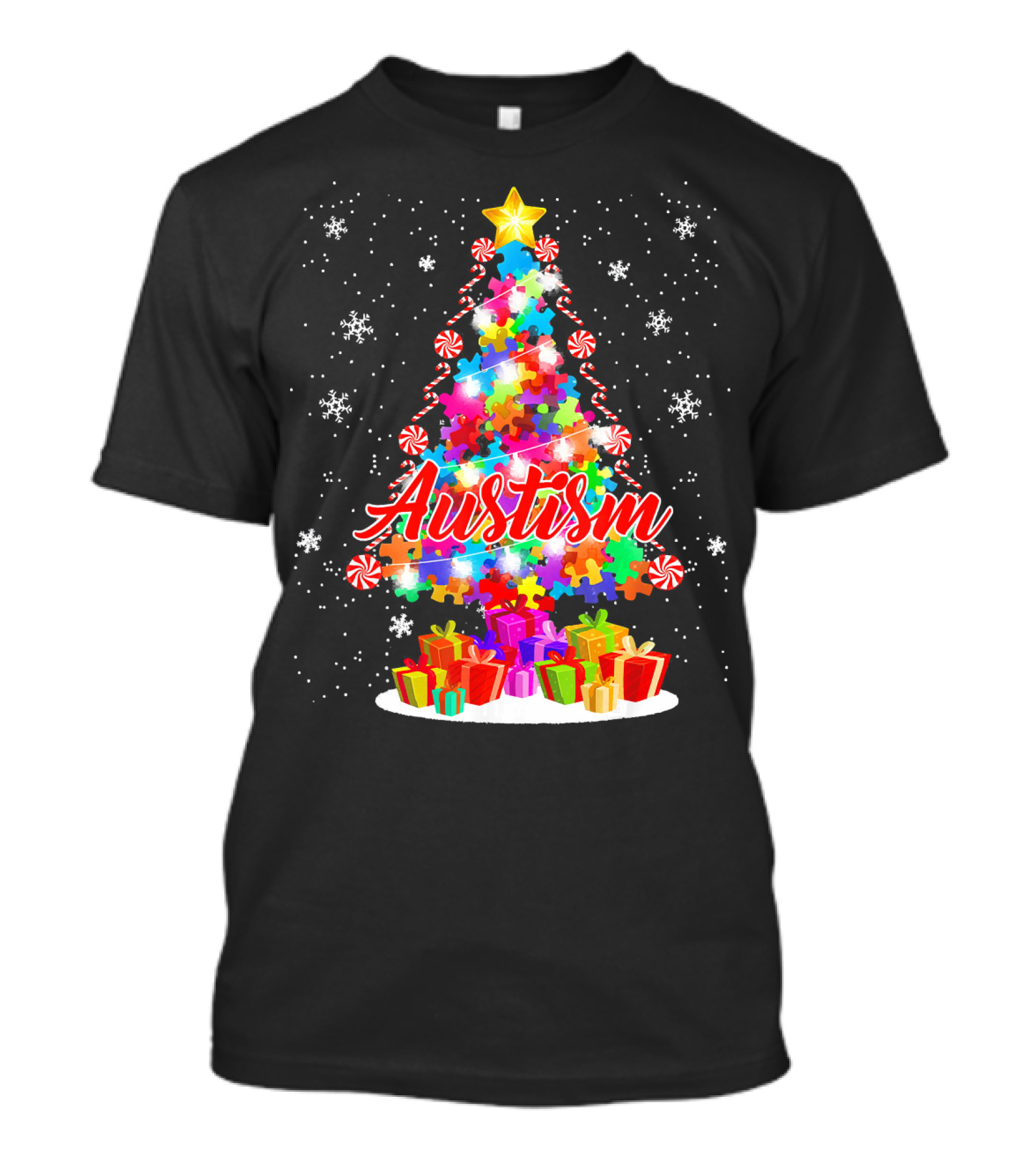 Autism Puzzle Christmas Tree With Presents And Snowflakes T-Shirt