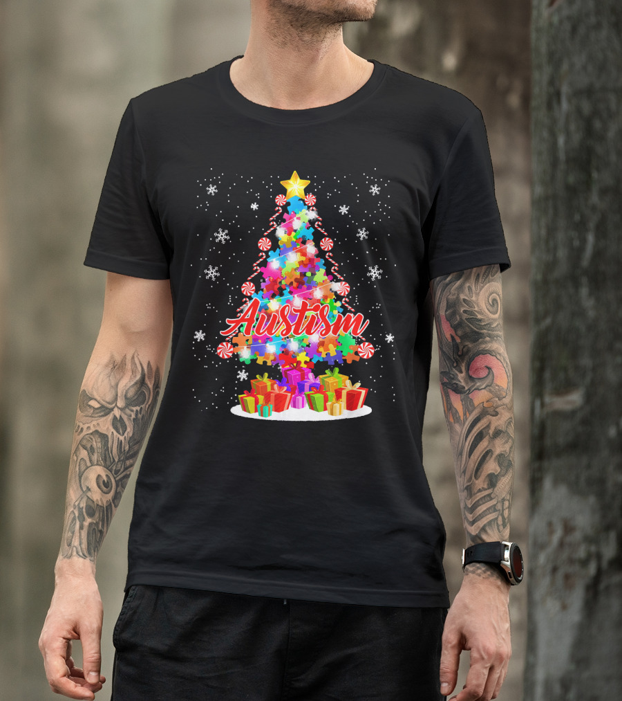 Autism Puzzle Christmas Tree With Presents And Snowflakes T-Shirt