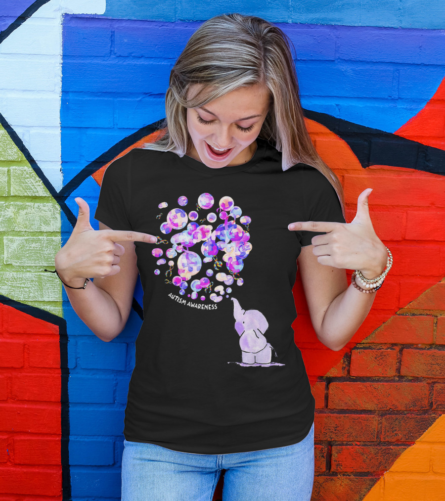 Elephant Blowing Puzzle Pieces Balloons Autism Awareness T-Shirt