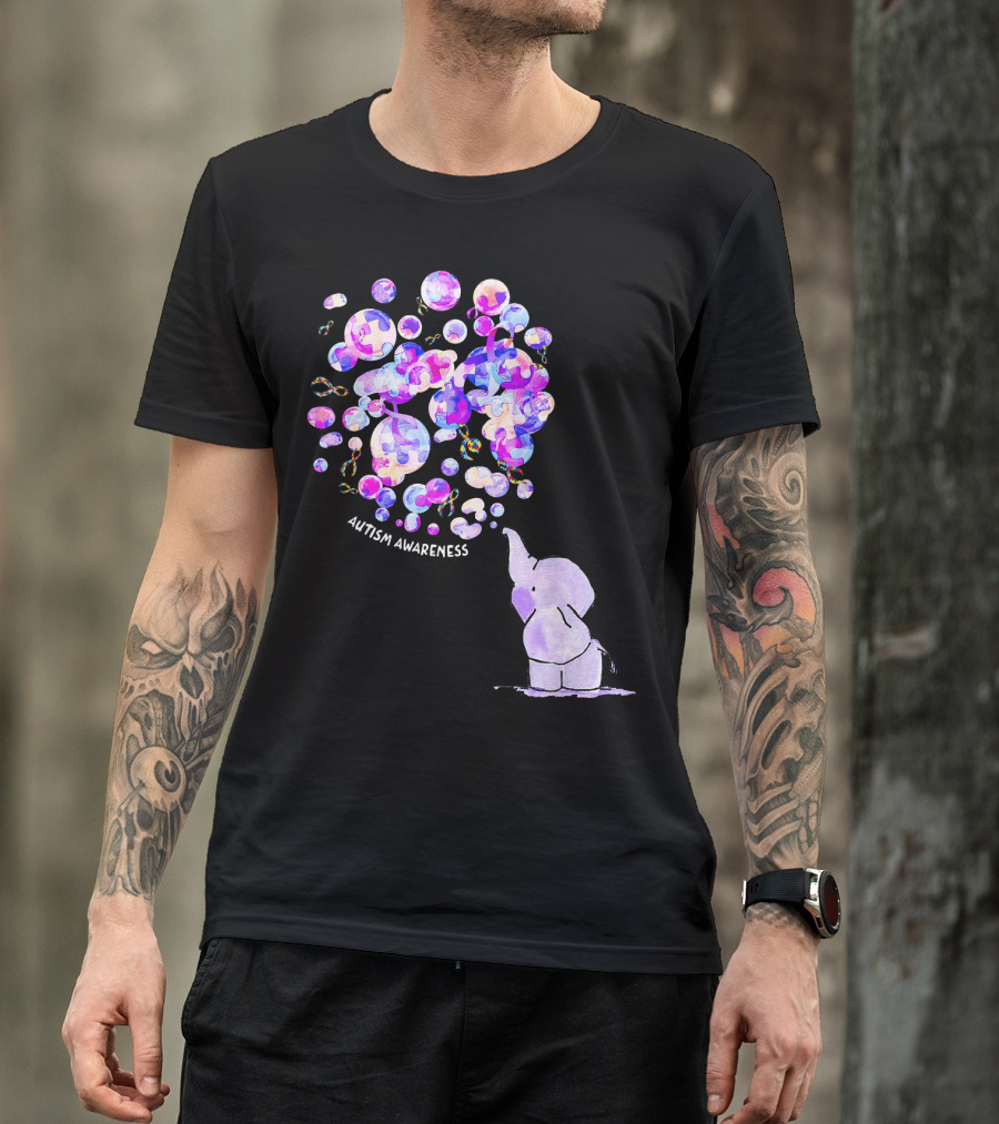 Elephant Blowing Puzzle Pieces Balloons Autism Awareness T-Shirt
