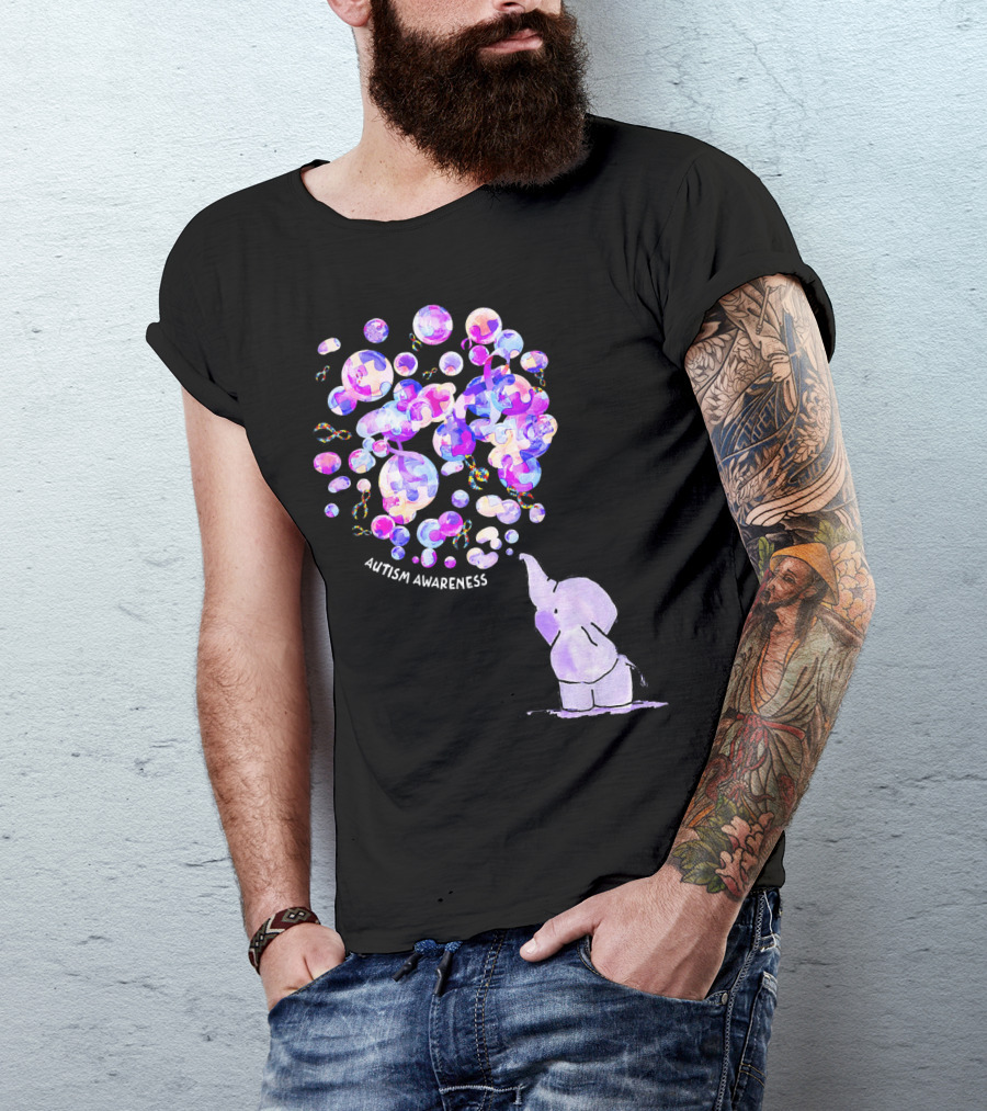 Elephant Blowing Puzzle Pieces Balloons Autism Awareness T-Shirt