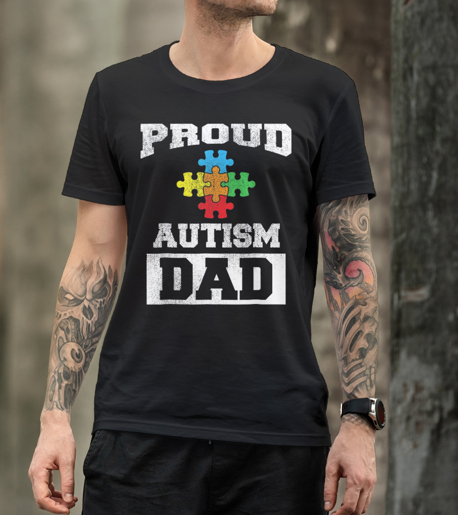 Proud Autism Dad Puzzle Piece Autism Awareness T-Shirt