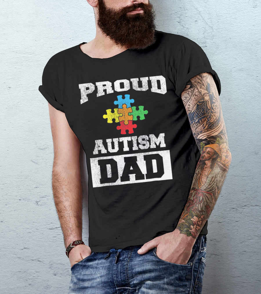 Proud Autism Dad Puzzle Piece Autism Awareness T-Shirt