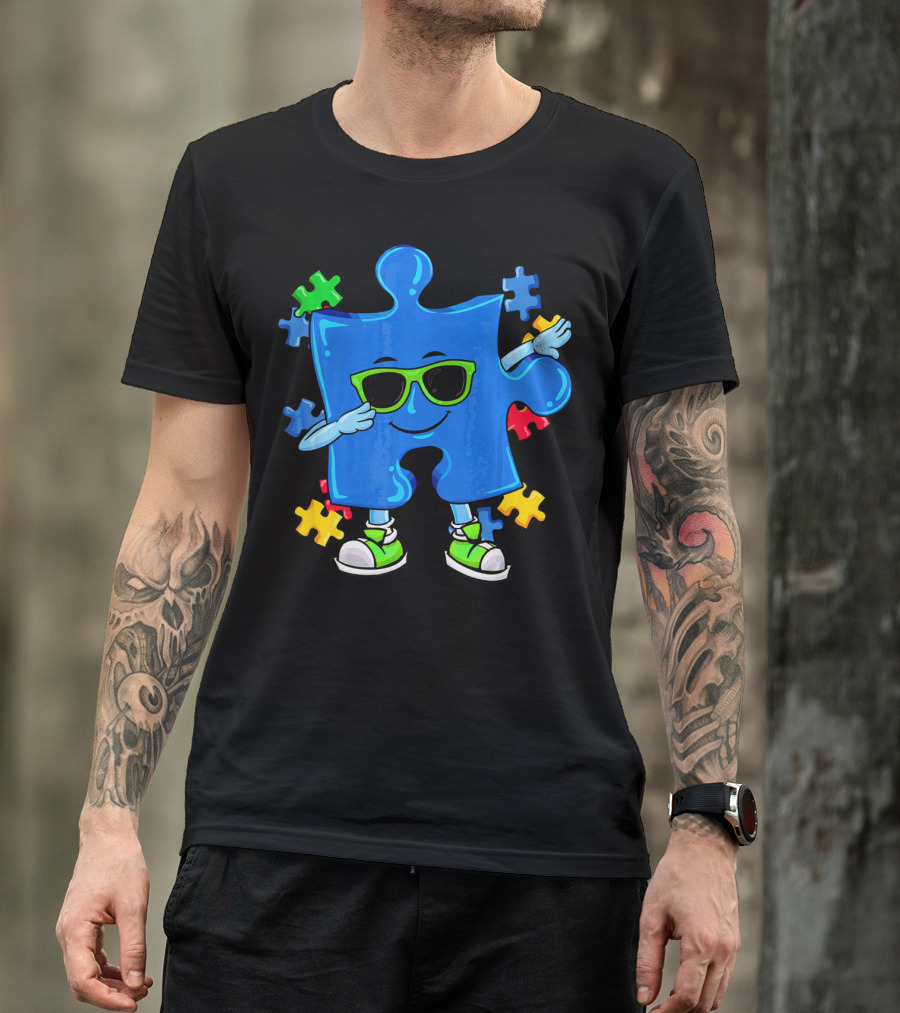Dabbing Puzzle Piece Cool Sunglasses Autism Awareness T-Shirt