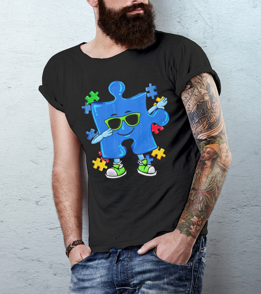 Dabbing Puzzle Piece Cool Sunglasses Autism Awareness T-Shirt