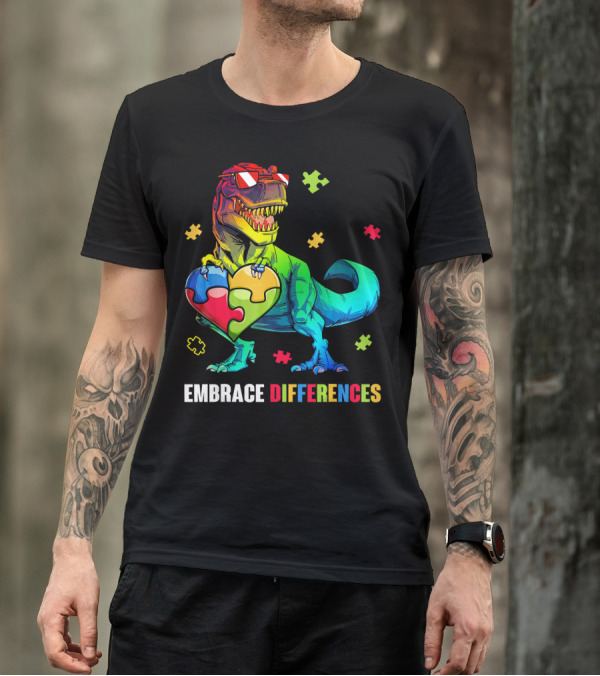 Embrace Differences Dinosaur Holding Heart Puzzle Pieces T-Shirt