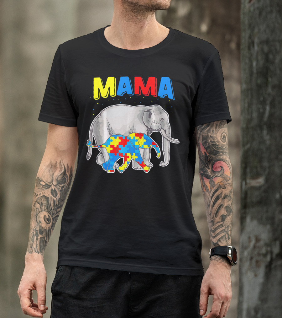 Mama Elephant Puzzle Piece Autism Awareness T-Shirt