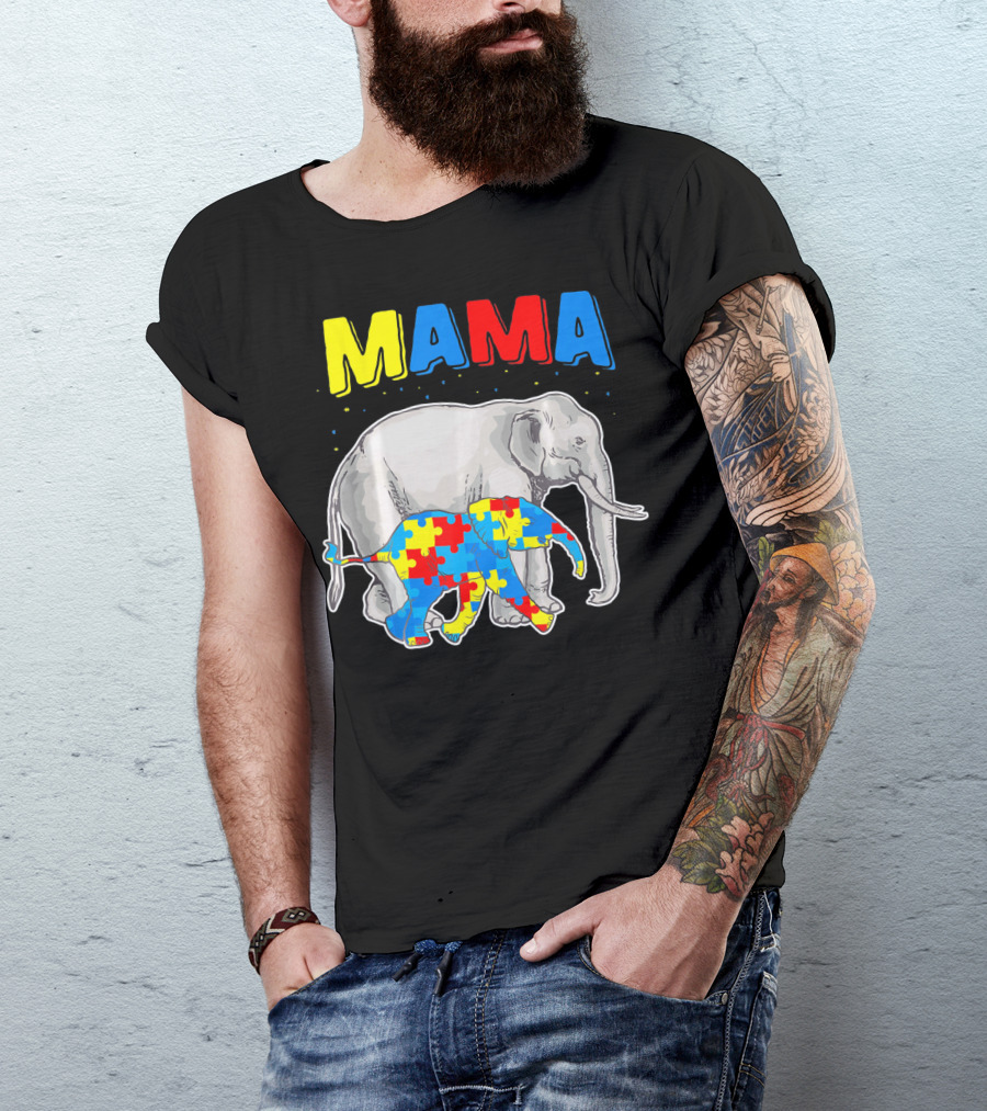 Mama Elephant Puzzle Piece Autism Awareness T-Shirt