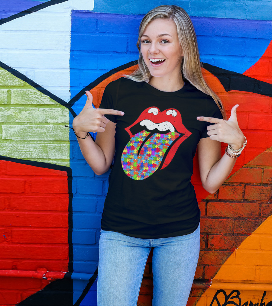 Red Lips Tongue Icon With Colorful Autism Awareness Puzzle Piece T-Shirt