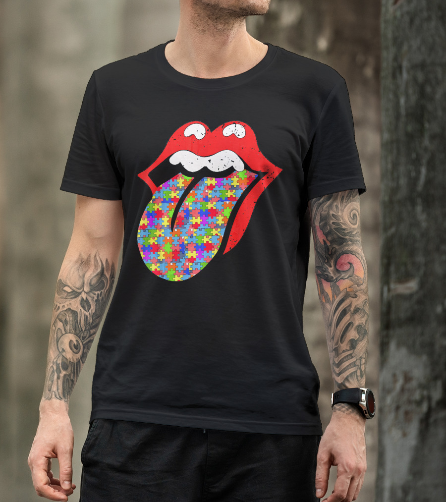Red Lips Tongue Icon With Colorful Autism Awareness Puzzle Piece T-Shirt