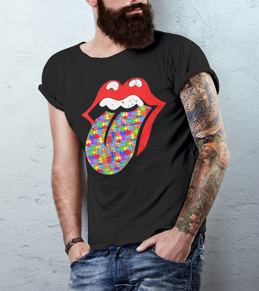 Red Lips Tongue Icon With Colorful Autism Awareness Puzzle Piece T-Shirt