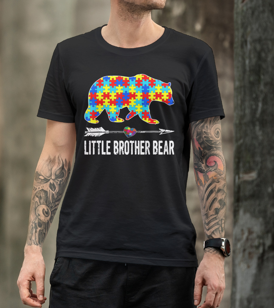 Proud Little Brother Bear Autism Awareness Puzzle T-Shirt
