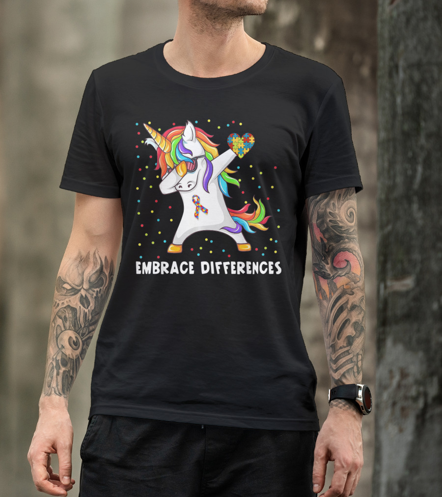 Embrace Differences Rainbow Dabbing Unicorn Puzzle Heart Autism Awareness T-Shirt