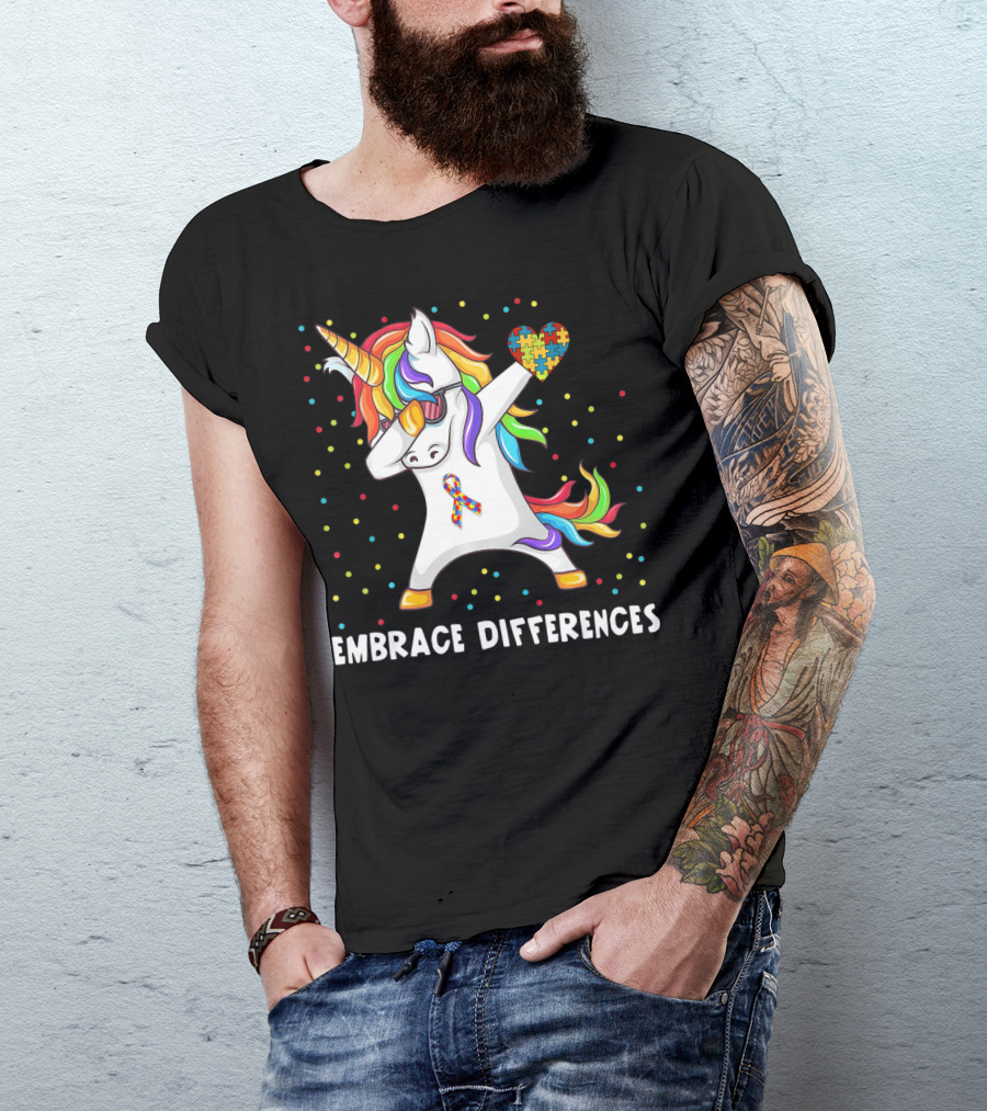 Embrace Differences Rainbow Dabbing Unicorn Puzzle Heart Autism Awareness T-Shirt