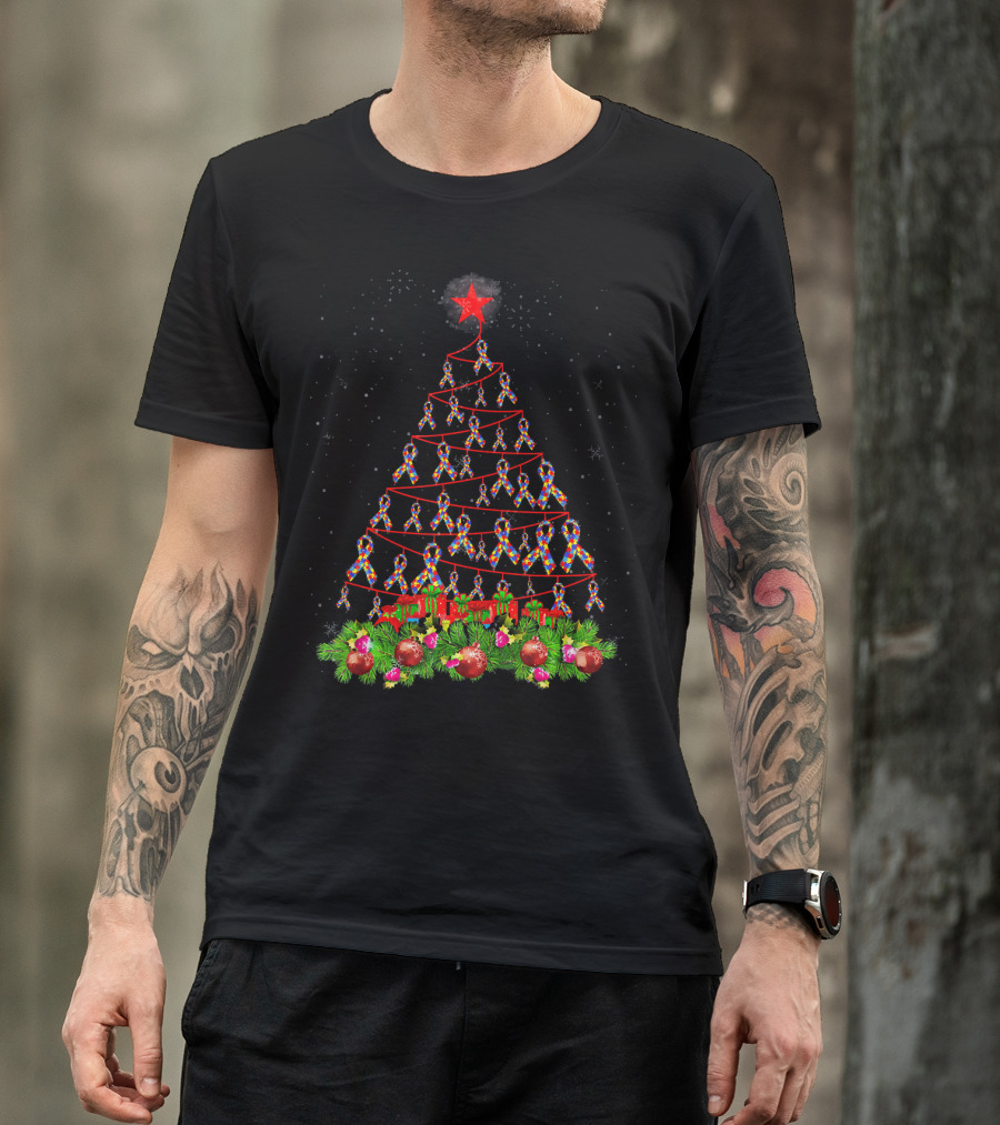 Autism Awareness Ribbon Christmas Tree With Red Star And Ornaments T-Shirt
