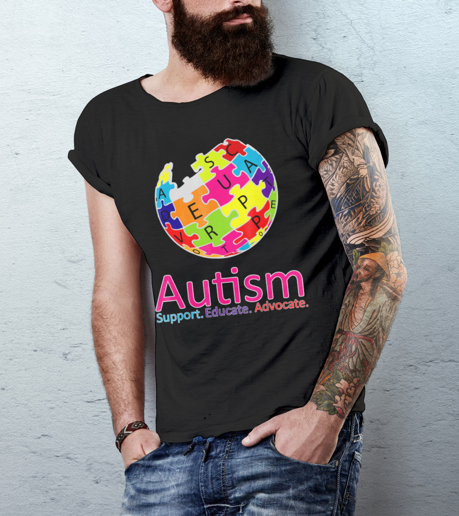 Autism Support Educate Advocate Puzzle Globe T-Shirt