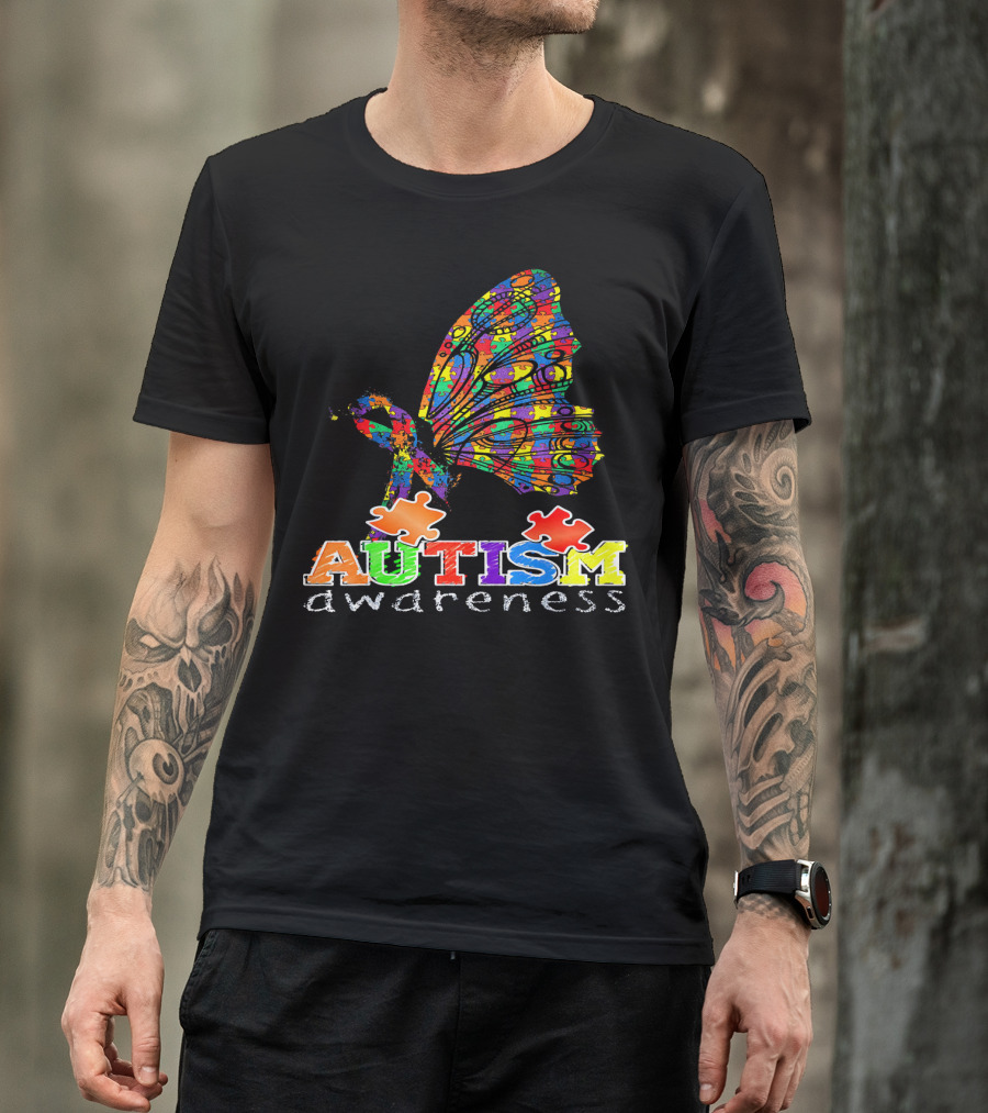 Autism Awareness Butterfly Ribbon Puzzle Autism Awareness T-Shirt