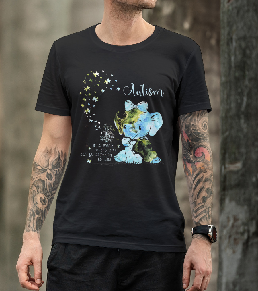 Autism Awareness Be Kind Elephant Dandelion Puzzle Pieces T-Shirt
