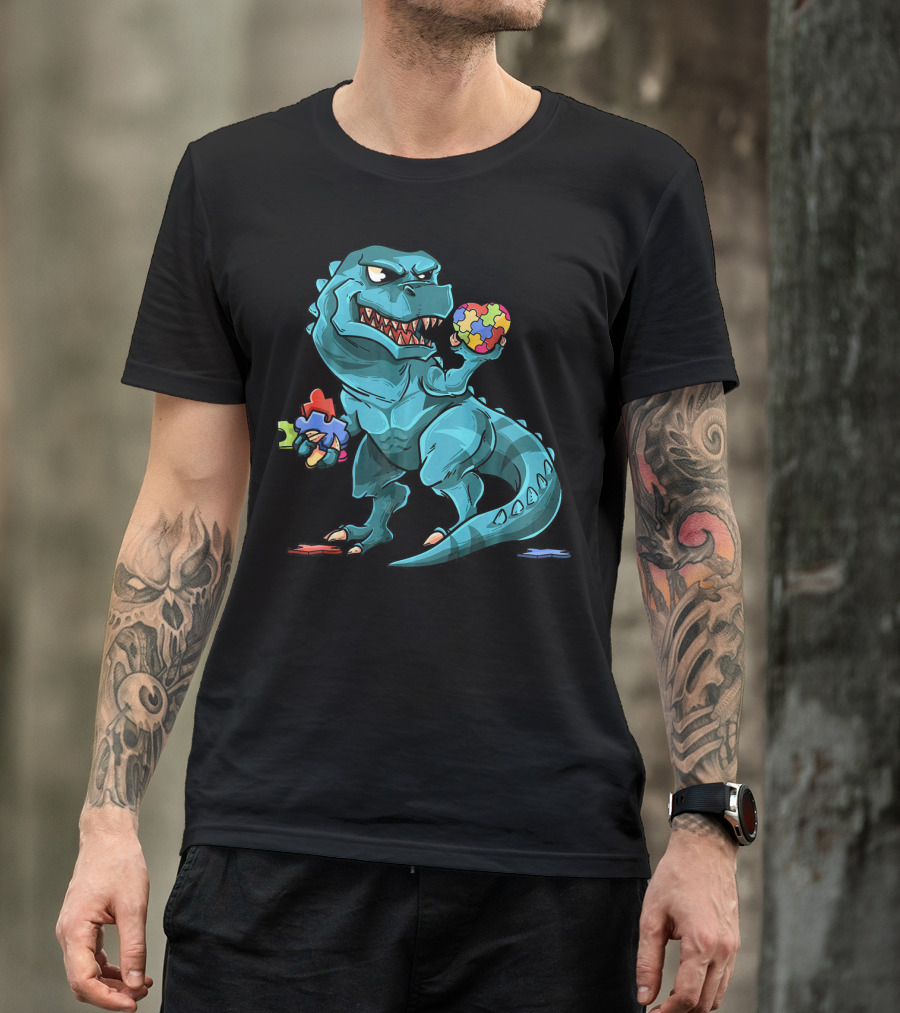 Autism Awareness Dinosaur Puzzle Rex Heart T-Shirt