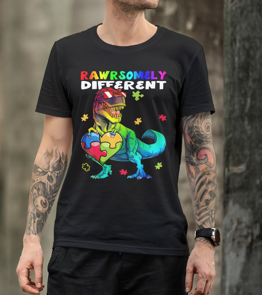 Rawrsomely Different Autism Awareness Dinosaur Puzzle Heart T-Shirt