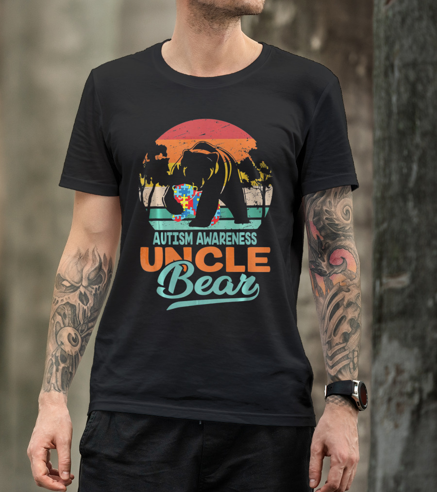 Autism Awareness Uncle Bear Puzzle Sunset T-Shirt