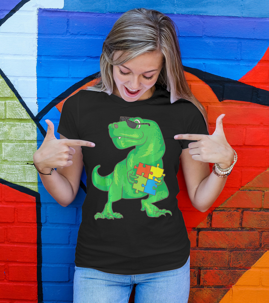 Autism Awareness Month Dinosaur Holding Puzzle Pieces T-Shirt