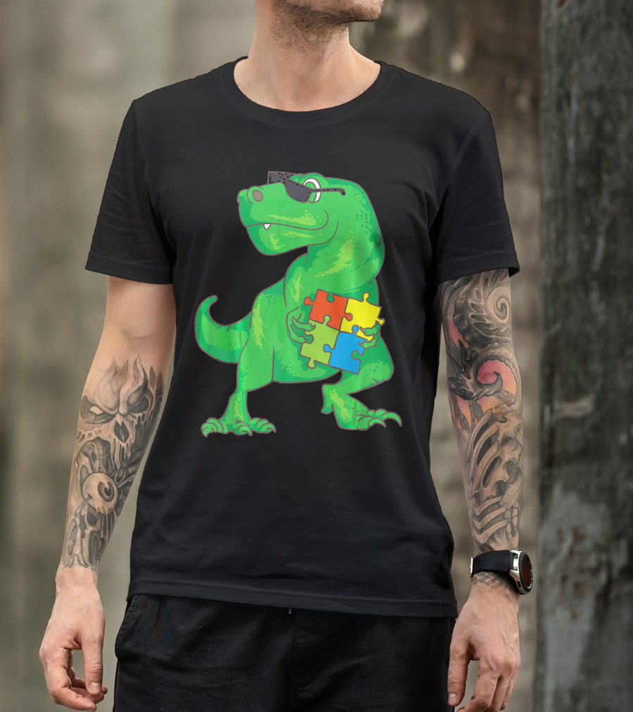 Autism Awareness Month Dinosaur Holding Puzzle Pieces T-Shirt