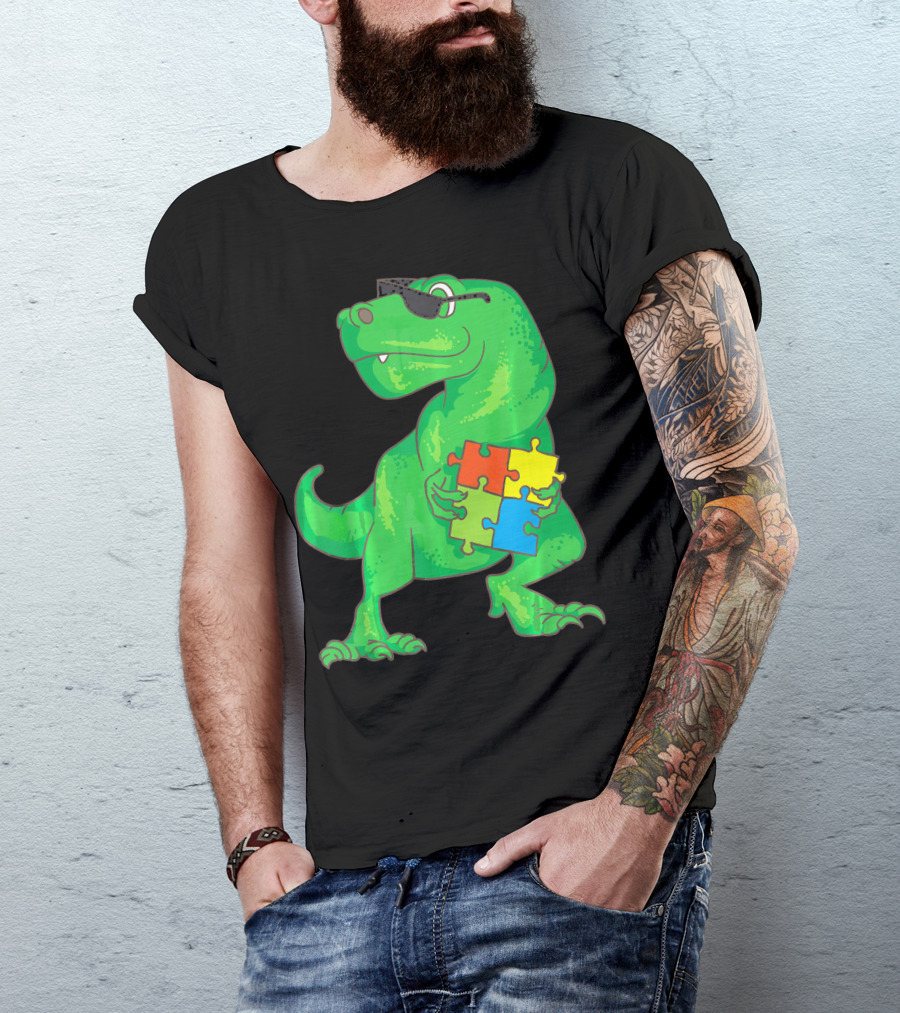 Autism Awareness Month Dinosaur Holding Puzzle Pieces T-Shirt