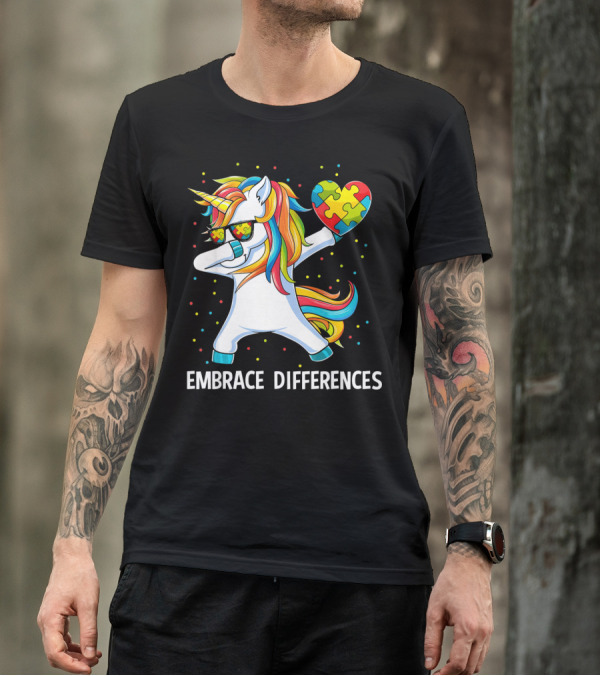 Embrace Differences Autism Awareness Unicorn Dab Puzzle Heart T-Shirt