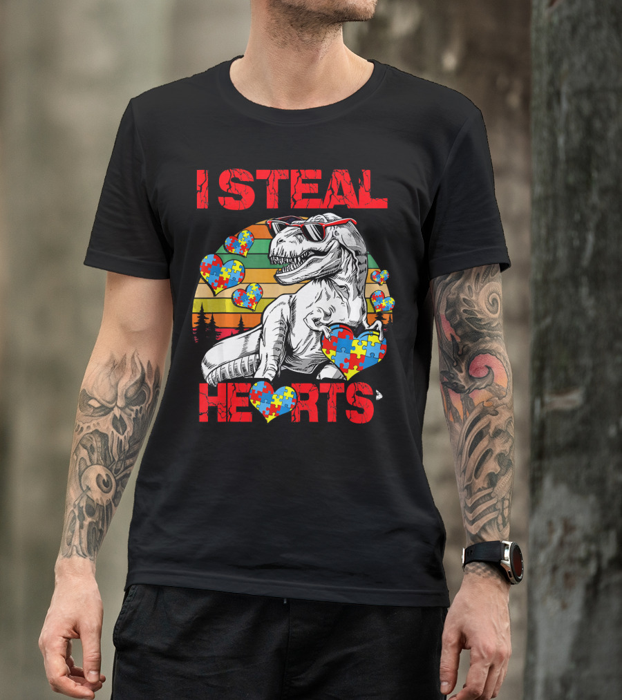 I Steal Hearts Autism Awareness Vintage Dinosaur T-Shirt