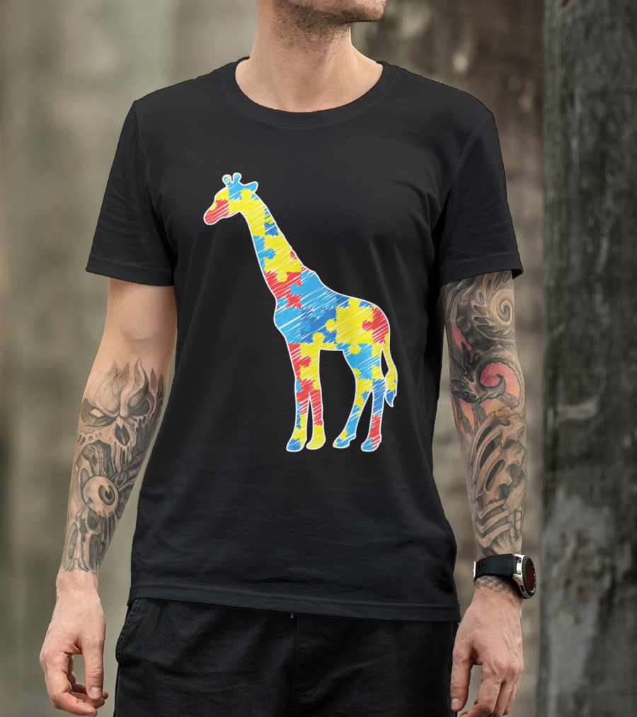 Cute Giraffe Puzzle Pattern Autism Awareness T-Shirt