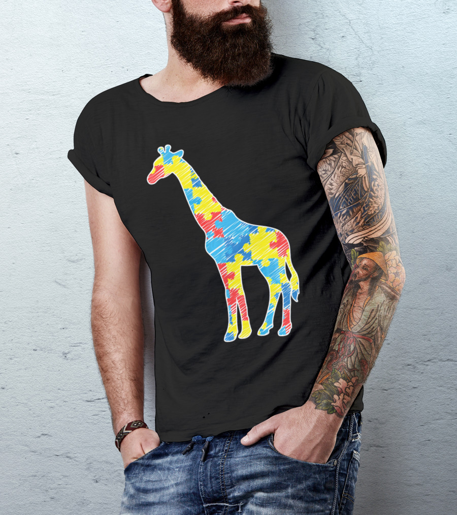 Cute Giraffe Puzzle Pattern Autism Awareness T-Shirt
