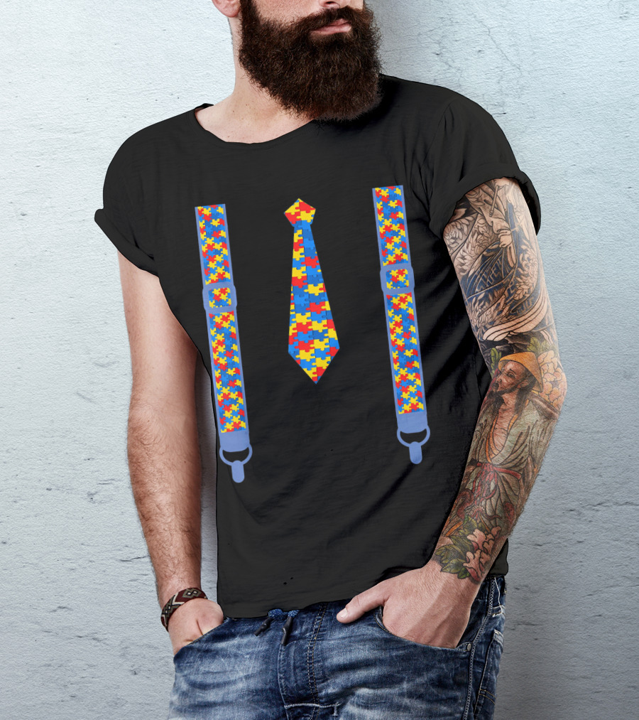 Autism Awareness Tie And Suspenders Puzzle T-Shirt