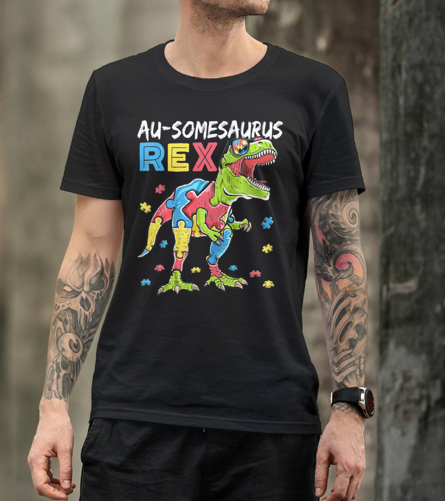 Au-somesaurus Rex Dinosaur Autism Awareness Puzzle Pieces T-Shirt