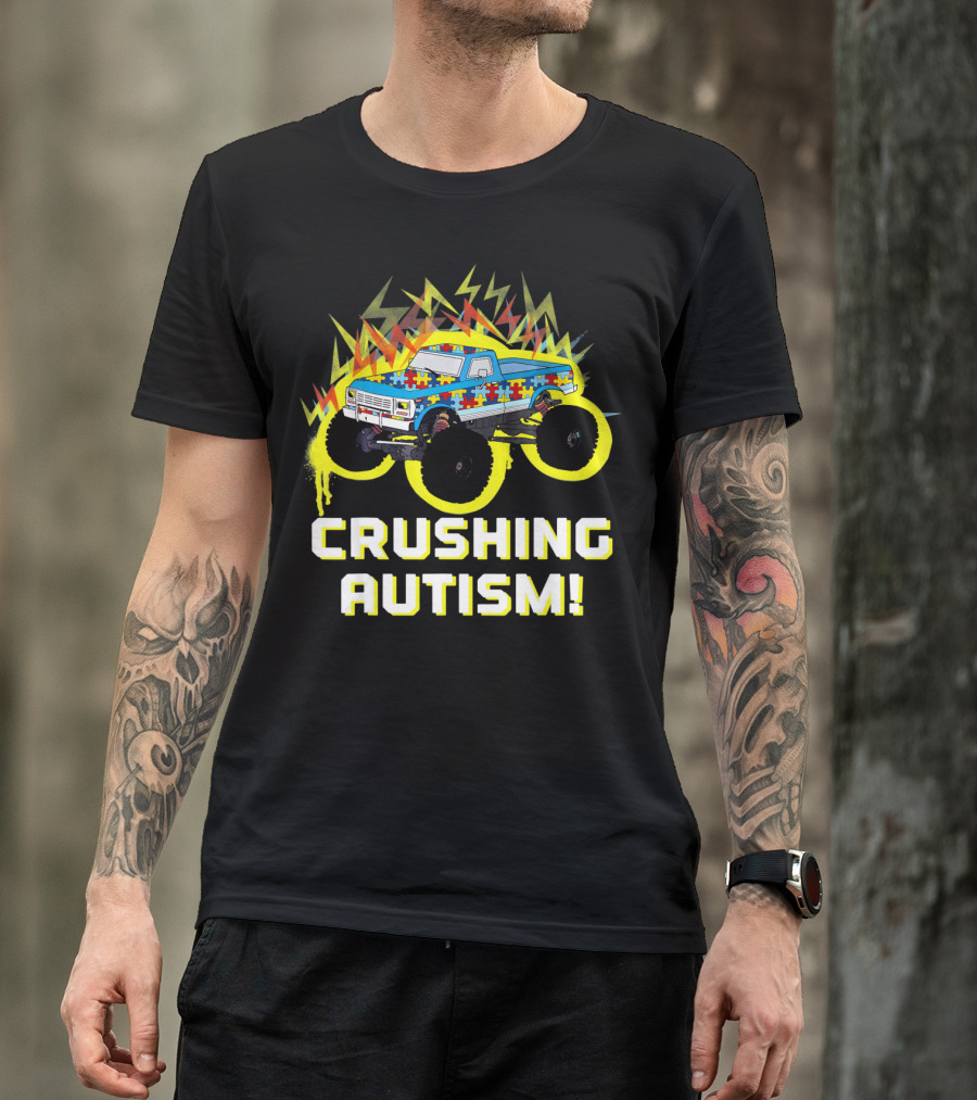 Crushing Autism Awareness Monster Truck With Puzzle Pattern And Lightning T-Shirt