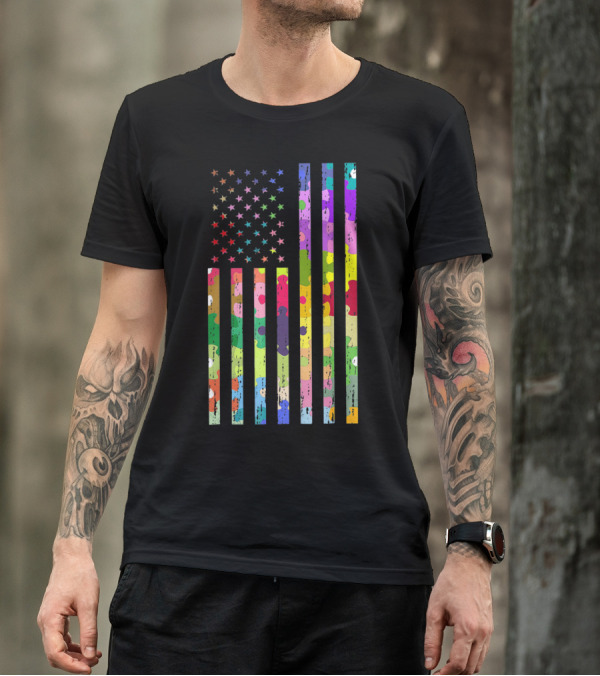 Autism Awareness Puzzle Pattern American Flag T-Shirt