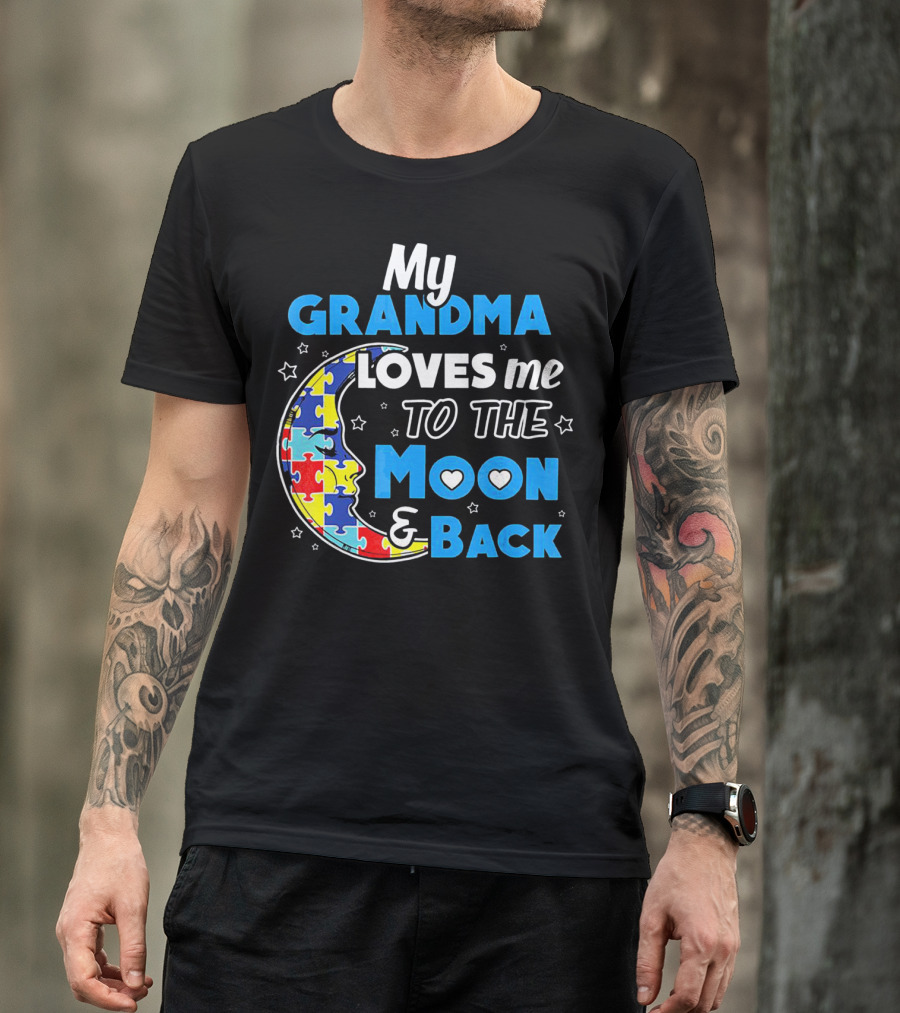My Grandma Loves Me To The Moon And Back Puzzle Piece Moon Hearts Stars T-Shirt
