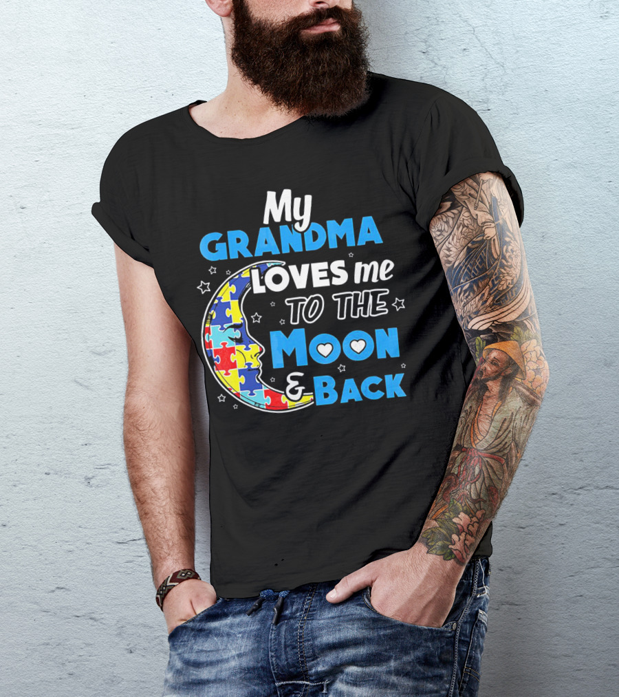 My Grandma Loves Me To The Moon And Back Puzzle Piece Moon Hearts Stars T-Shirt