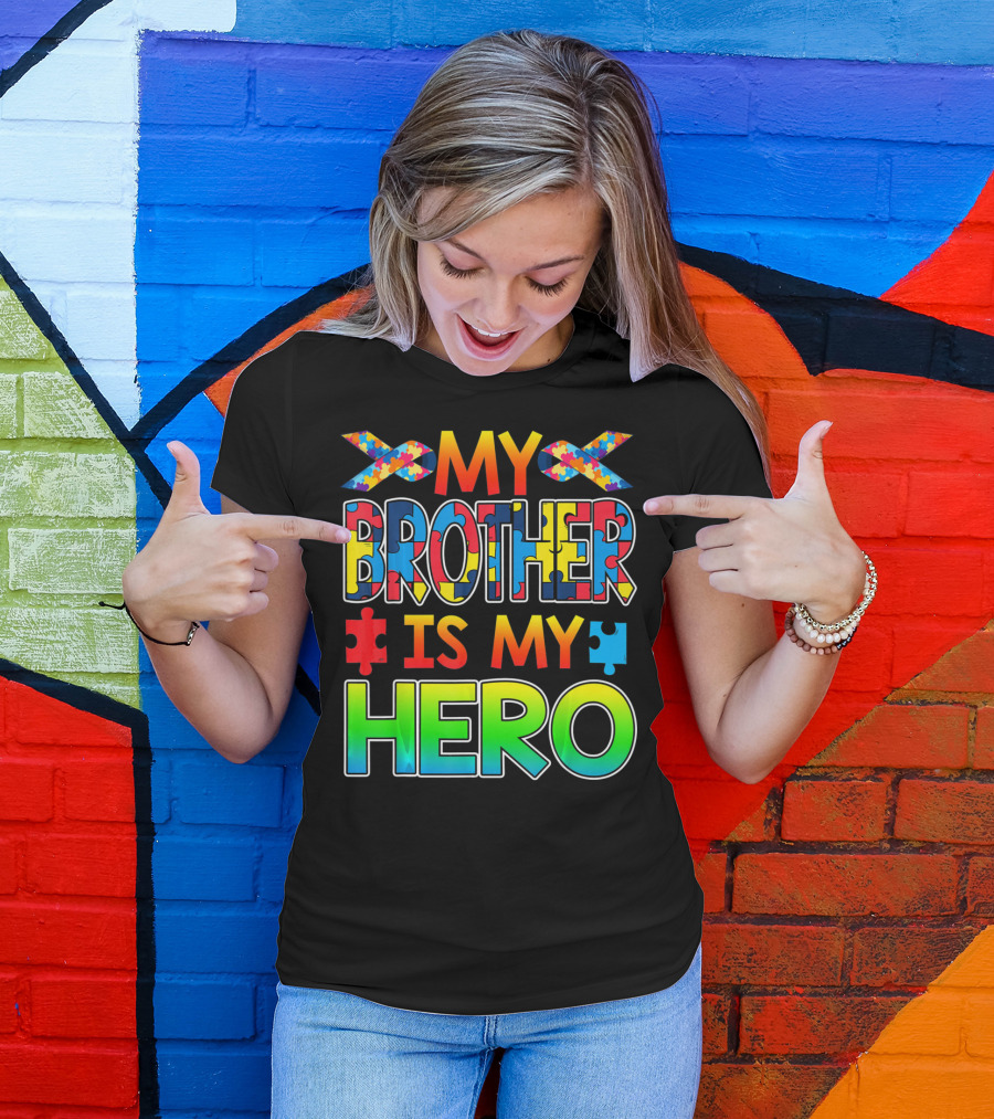 Autism Awareness My Brother Is My Hero Puzzle Ribbon T-Shirt