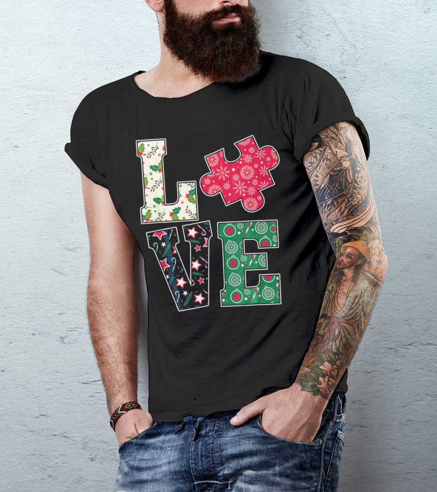 LOVE Puzzle Christmas Autism Awareness Holiday T-Shirt