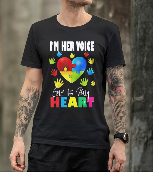 I'm Her Voice She Is My Heart Autism Awareness Puzzle Hands T-Shirt
