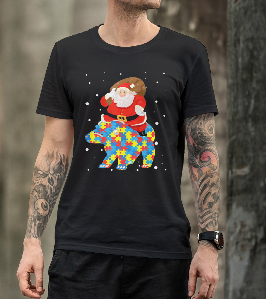 Santa Claus Riding Puzzle Bear Christmas Autism T-Shirt