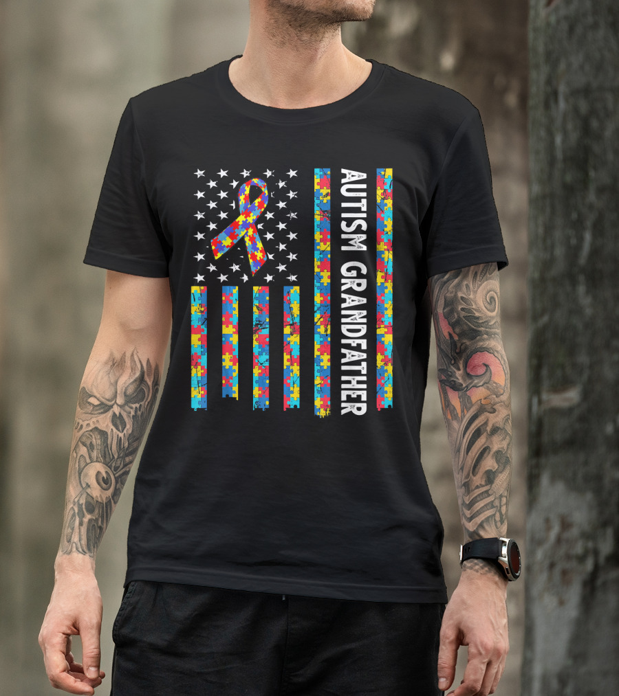 Autism Grandfather Puzzle Ribbon American Flag Stars T-Shirt