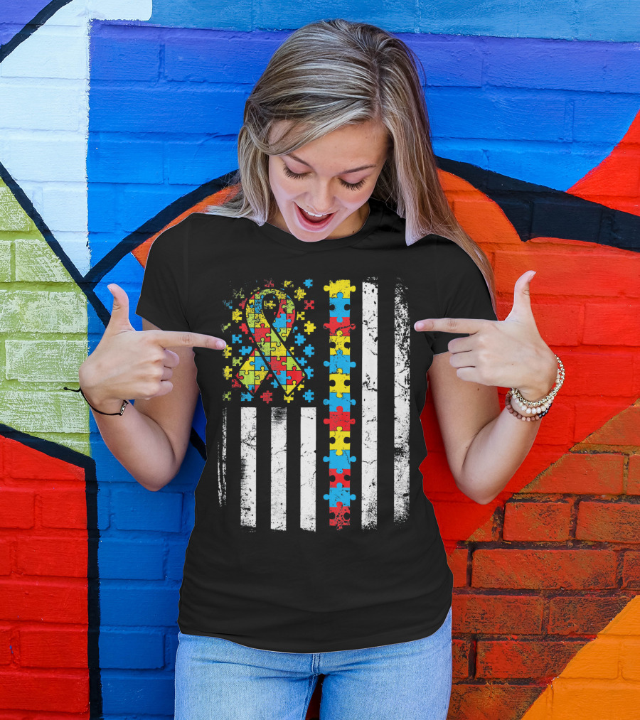 Autism Awareness American Flag Puzzle T-Shirt