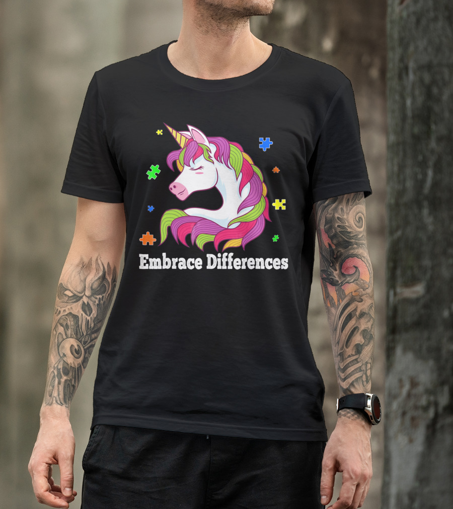 Embrace Differences Autism Awareness Unicorn Puzzle Pieces T-Shirt